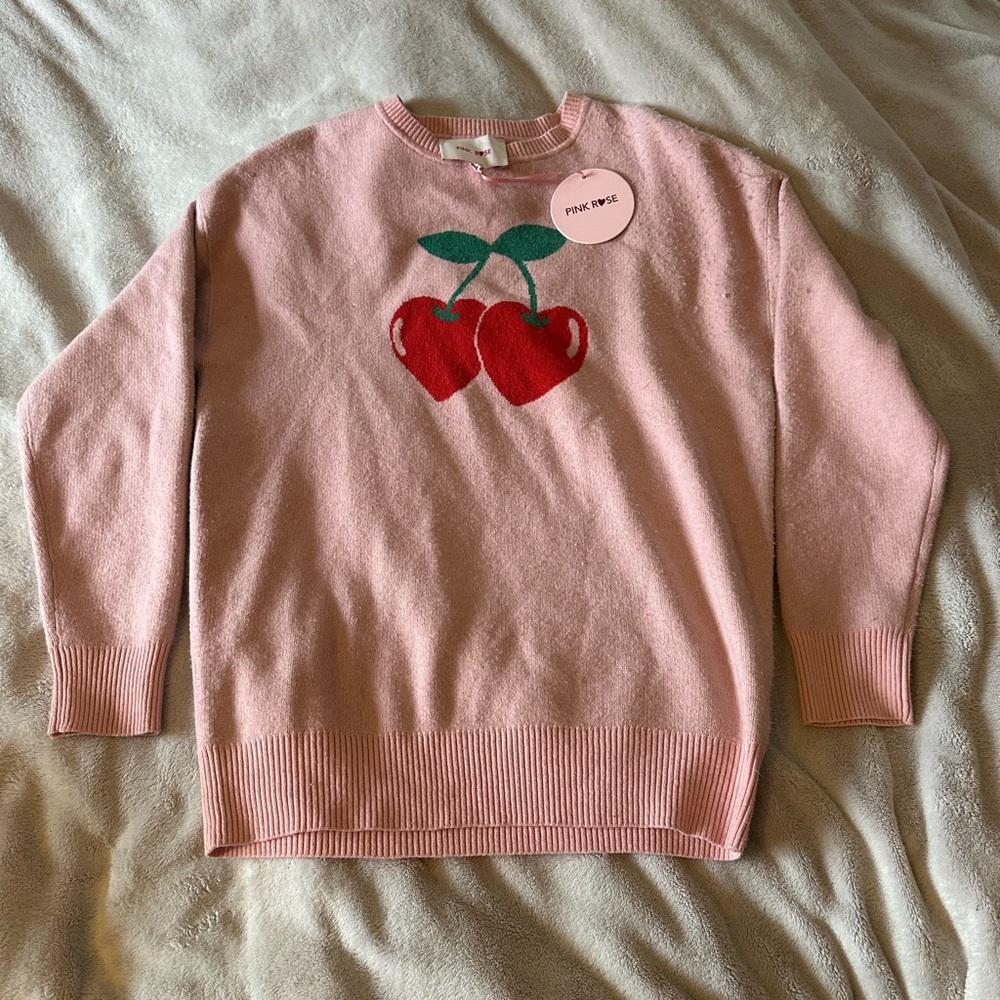 Pink Rose Blush Sweater with Red Cherry Design